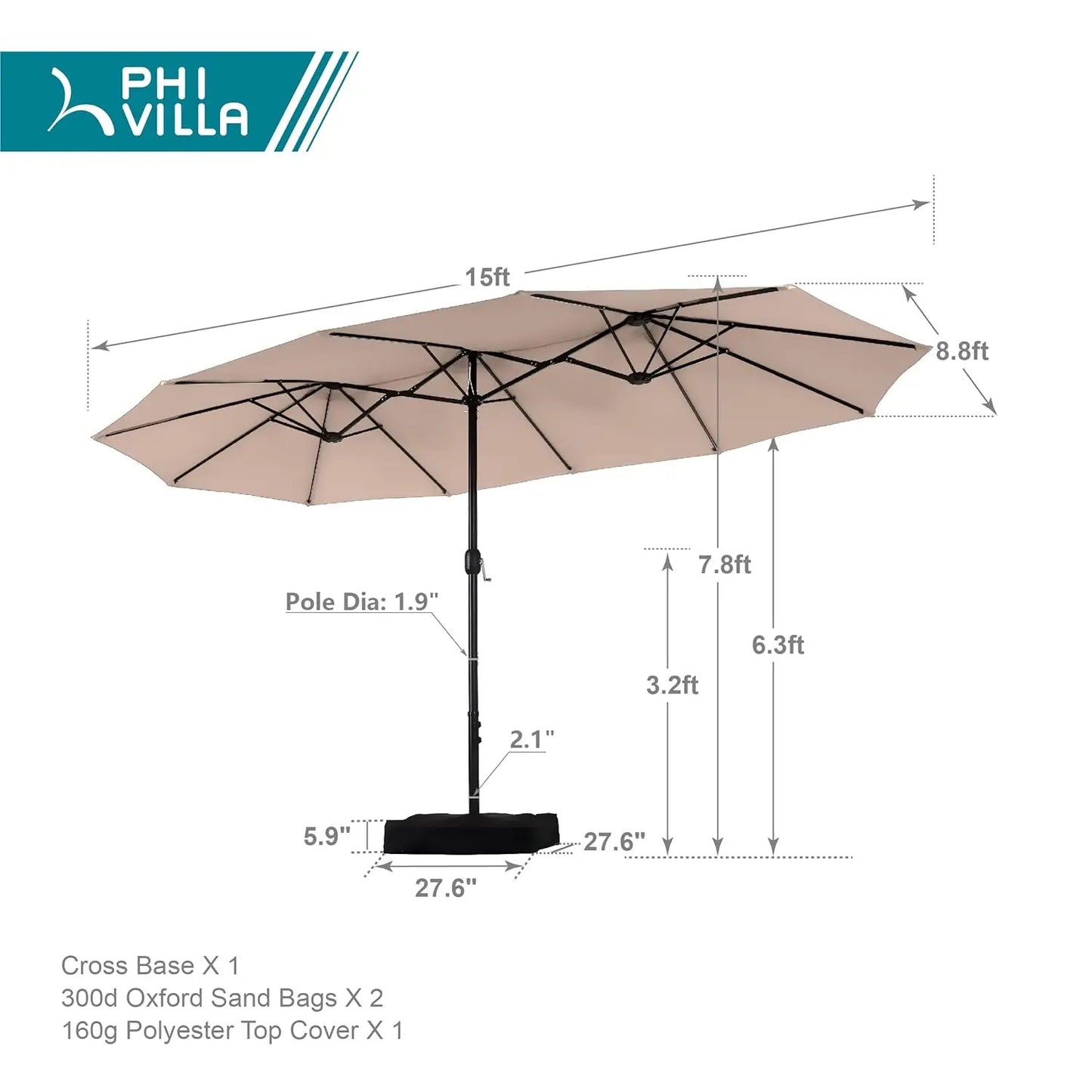 15FT Patio Umbrella with Base, Large Double-Sided Outdoor Market Umbrella with Crank Lift, UV-Resistant Canopy for, Customized