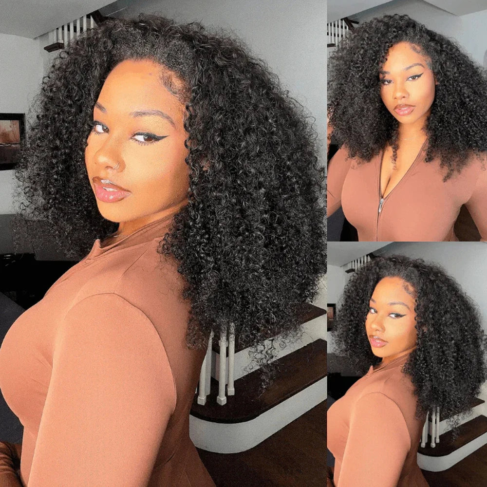Water Wave Glueless Wigs Wear And Go 3 IN 1 Half Wigs Human Hair 200% Density Machine Made Clip-in Wigs With Drawstring Seamless