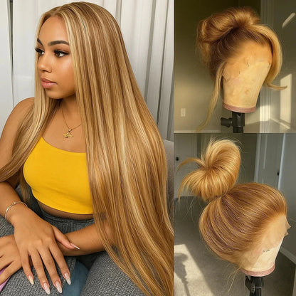 4/27 straight 13x4 Lace Frontal Highlight Wig Human Hair Brazilian 200 Density 30 Inch Ombre Blonde Colored Human Hair Wigs