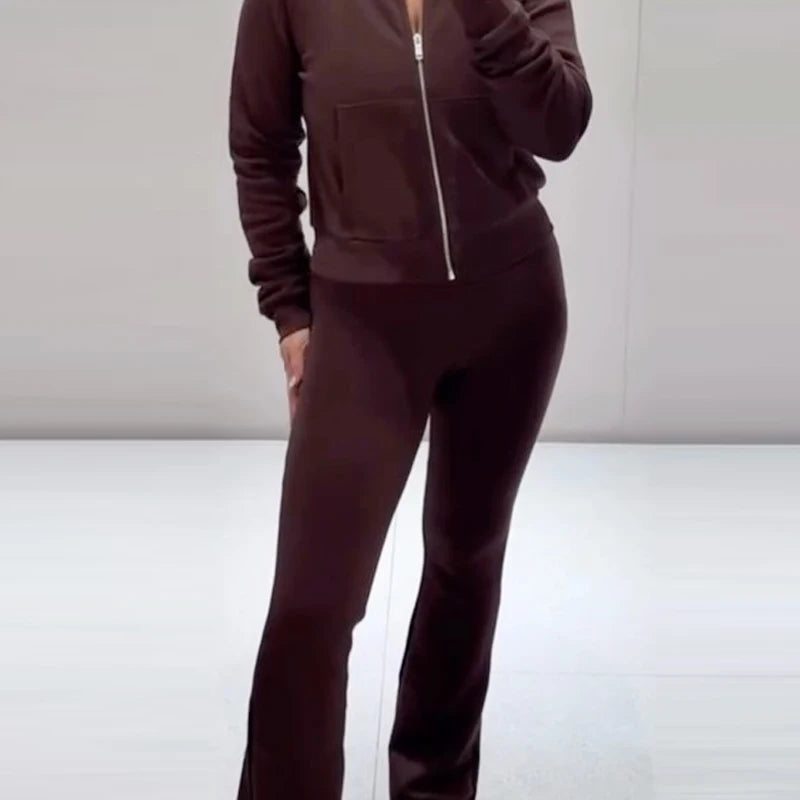 HXAO Fleece Flared Trousers Women's Pants Black Brown Grey Pants For Woman Chic High-Waisted Flared Trousers Casual Sports Pants