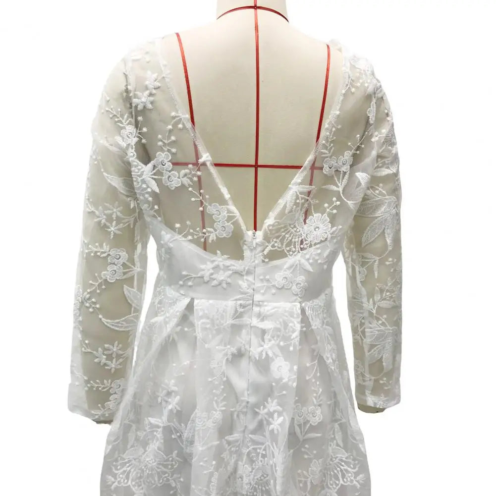 Detail Lace Cocktail Party Dress Floral Embroidere Maxi Dress Women Wedding Bride Dress Lace Long Sleeve Back Zipper Lace