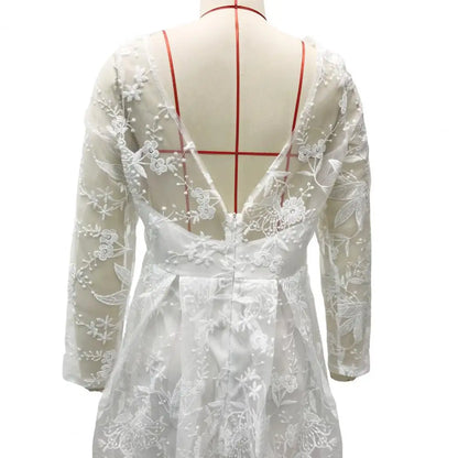 Detail Lace Cocktail Party Dress Floral Embroidere Maxi Dress Women Wedding Bride Dress Lace Long Sleeve Back Zipper Lace