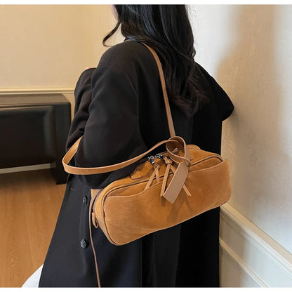 Retro Red Suede Wedding Shoulder Bag Luxury Designer Women Versatile Underarm Bags Elegant Female Large Capacity Handbags