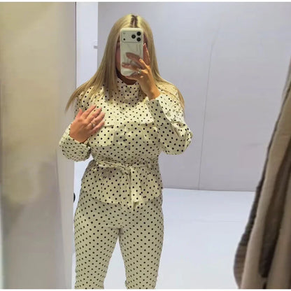 Fashion Polka Dot Cropped Pants Set For Women Y2K Stand Collar Lace Up Jacket High Waist Capri Pants Lady Street 2 Pieces Outfit