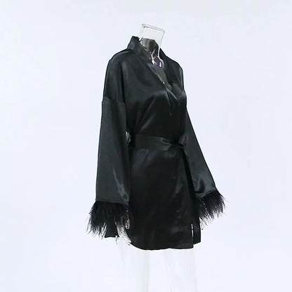 Feather Bathrobes Satin Sexy Mini Dress Long Sleeve Loose Peignoirs For Women Robe White Wedding Dress Black Bride Dresses