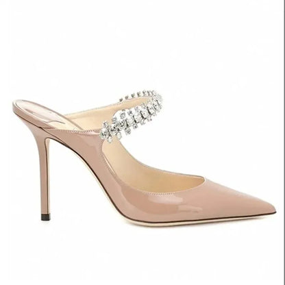 2025 New Fashionable Fine Heeled Muller Shoes with Pointed Water Diamond Chain Banquet Shallow Mouth Women's High Heel Sandals