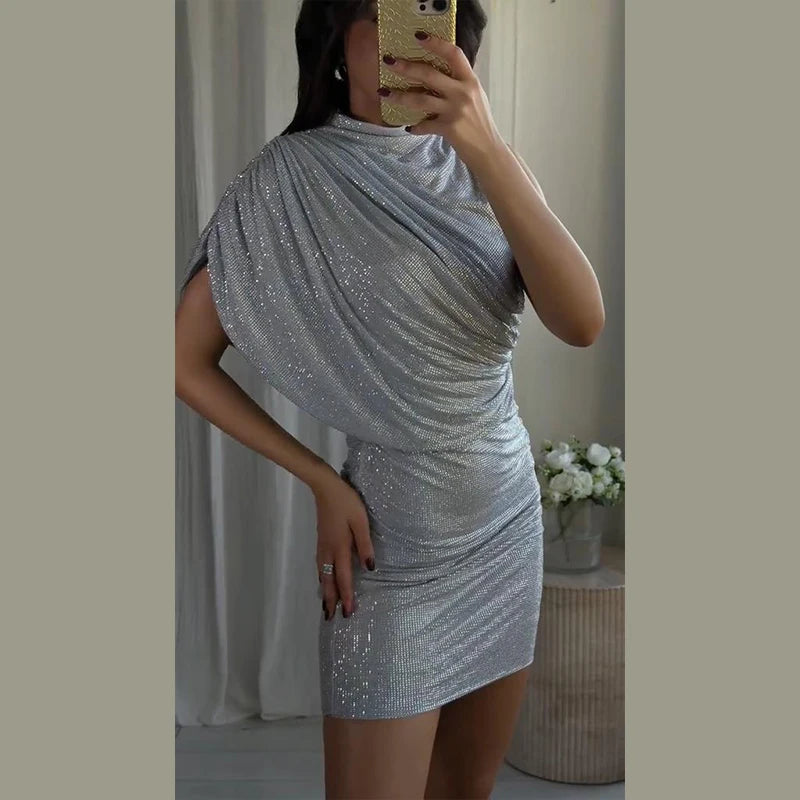 Chic Sequin V-neck Dress Women Sexy Sleeveless Pleated Waist-cinched Empire Dresses Elegant Party Spring New Lady Gown 2026