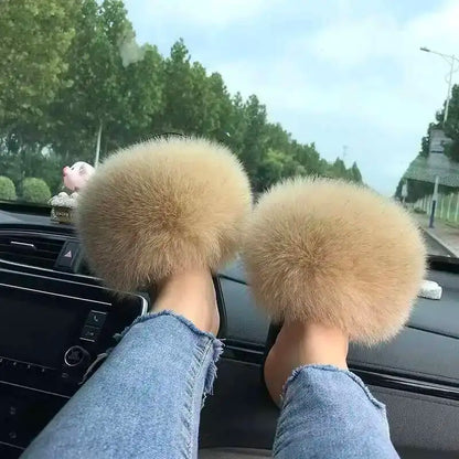 Fur Slippers Women Summer Fluffy Plush Casual Fluffy Flat Non-Slip Real Fox Fur Slides Outdoor Flat Ladies Sandals Flip Flops