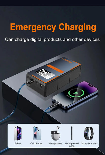 2025 Newest All-in-One Car Emergency Jump Starter & Air Pump 1200A Peak 150PSI Tire Inflator with LED Light & Power Bank
