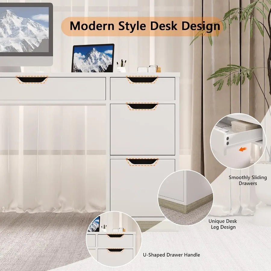 White 54 Inch Executive Desk with 7 Drawers and Cabinet for Bedroom Home Office Small Spaces Modern Writing and Study Desk