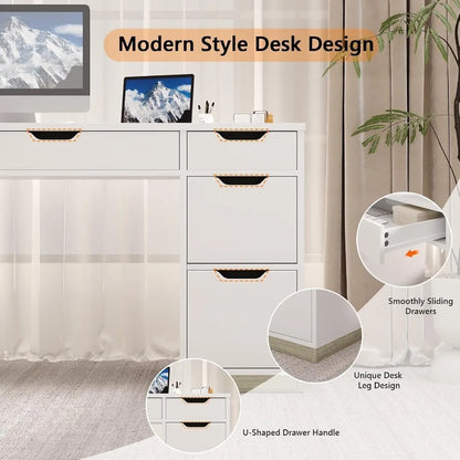 White 54 Inch Executive Desk with 7 Drawers and Cabinet for Bedroom Home Office Small Spaces Modern Writing and Study Desk