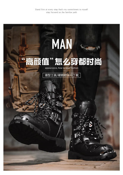 Men Motorcycle Boots Fashion Mid-Calf Punk Rock Punk PU Leather Black High Top Mens Casual Boot Steel Toe Shoes Big Size 38-46