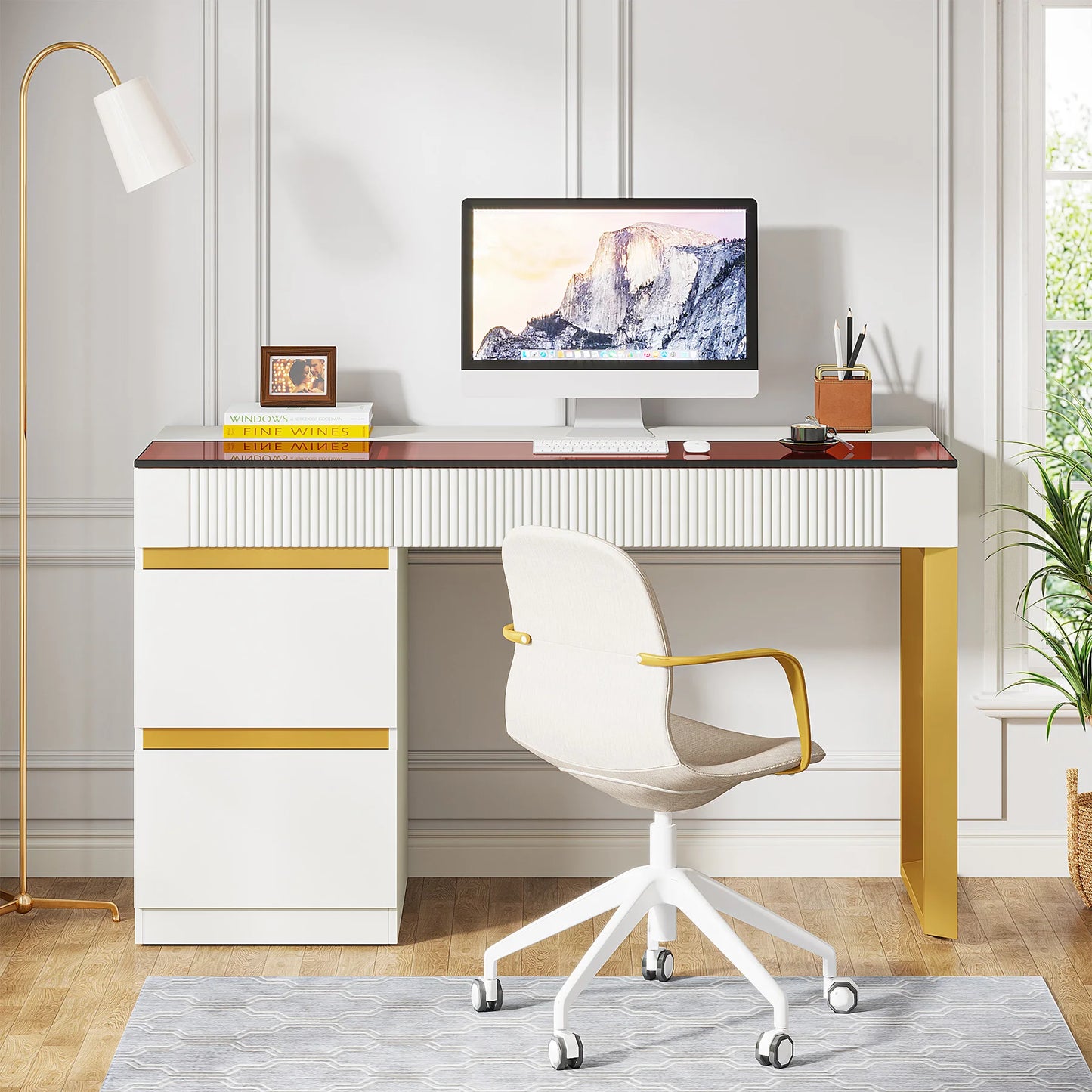 Tribesigns Computer Desk with 4 Drawers, 47 Inch Modern Home Office Desk with Glass Top, White and Gold Writing Workstation Desk