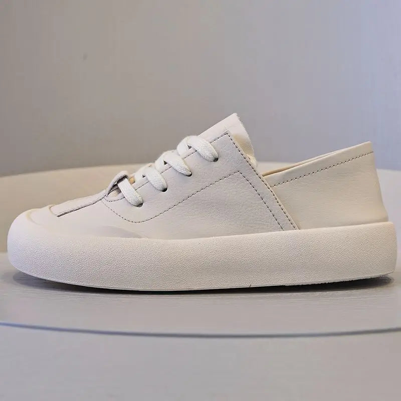 GKTINOO Genuine Leather Lace Up White Shoes For Women Flats Heel Sofe Soles Sneakers Shoes Luxury Leisure Fashion Big Head Shoes