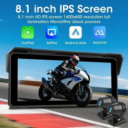 8.1 inch Motorcycle GPS Navigation Wireless Carplay Android Auto IPX7 Waterproof Display Drive Recorder Support 4K+1080P Dual BT