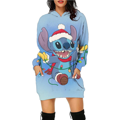 Christmas Disney Brand Stitch Cartoon Long Hoodie Autumn New Mini Sexy Long Sleeved Dress Korean Fashion Elegant Ladies Party