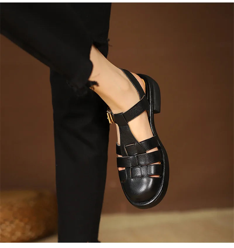 2023 Women Sandals Retro Genuine Leather Luxury Roman Sandals Casual Buckle Strap Summer Shoes GLADIATOR Thick Heel Women Shoes