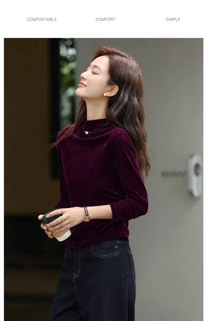 VIMLY Women's Red Velvet T-shirt Casual Knitted Slim Fit Tops Winter 2026 Vintage Mock Neck Folds Long Sleeve Ladies Tees A3305