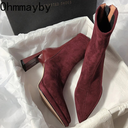 Square High Heel Women Ankle Boots Fashion Zippers Shoes Retro Style Autumn Winter Pointed Toe Ladies Dancing Party Prom Shoes