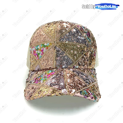 Summer Shiny Sequin Back Mesh Adjustable Cotton Baseball Cap Sun Hat