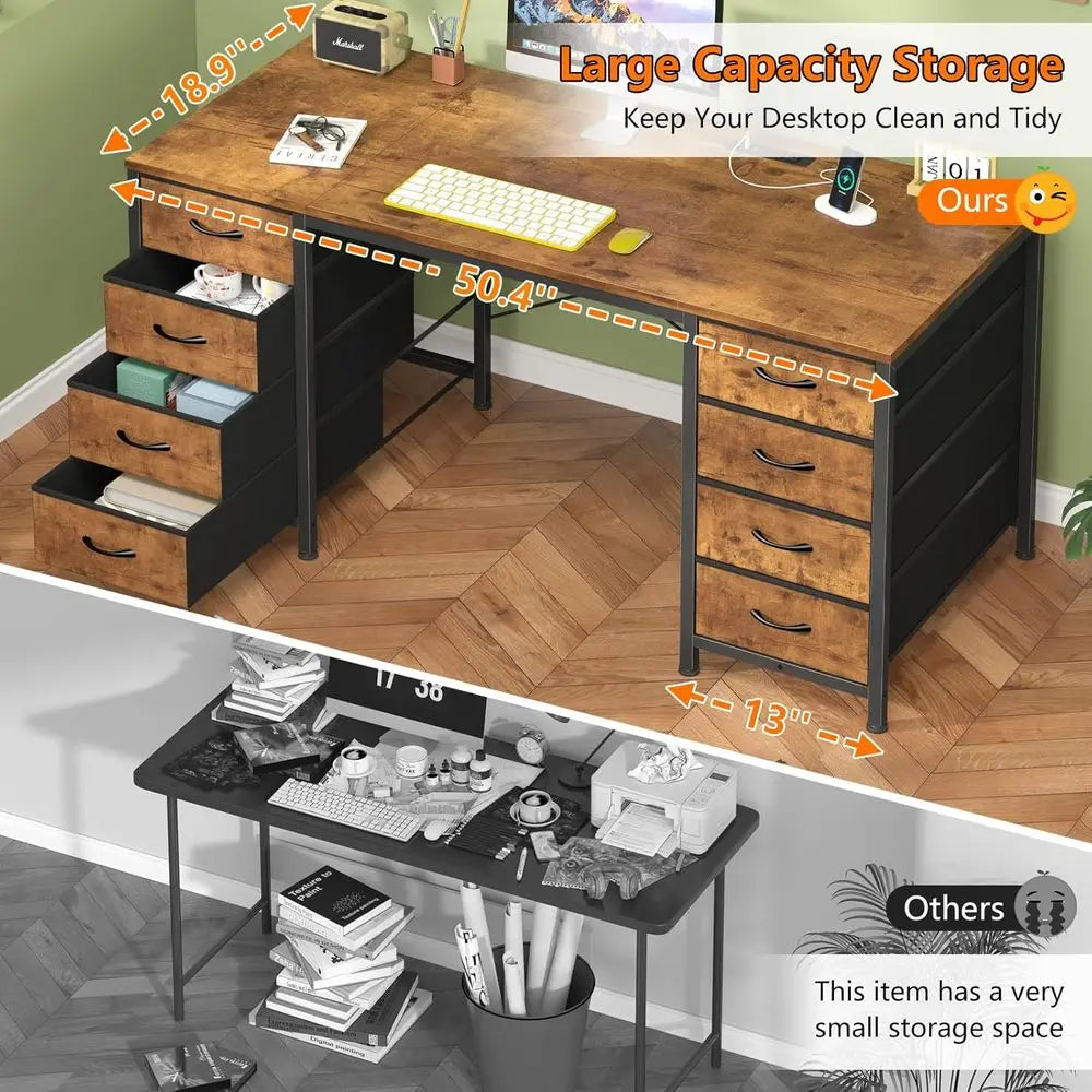 50-inch Rustic Brown Study Desk with 8 Drawers, Power Outlets for Home Office and Gaming