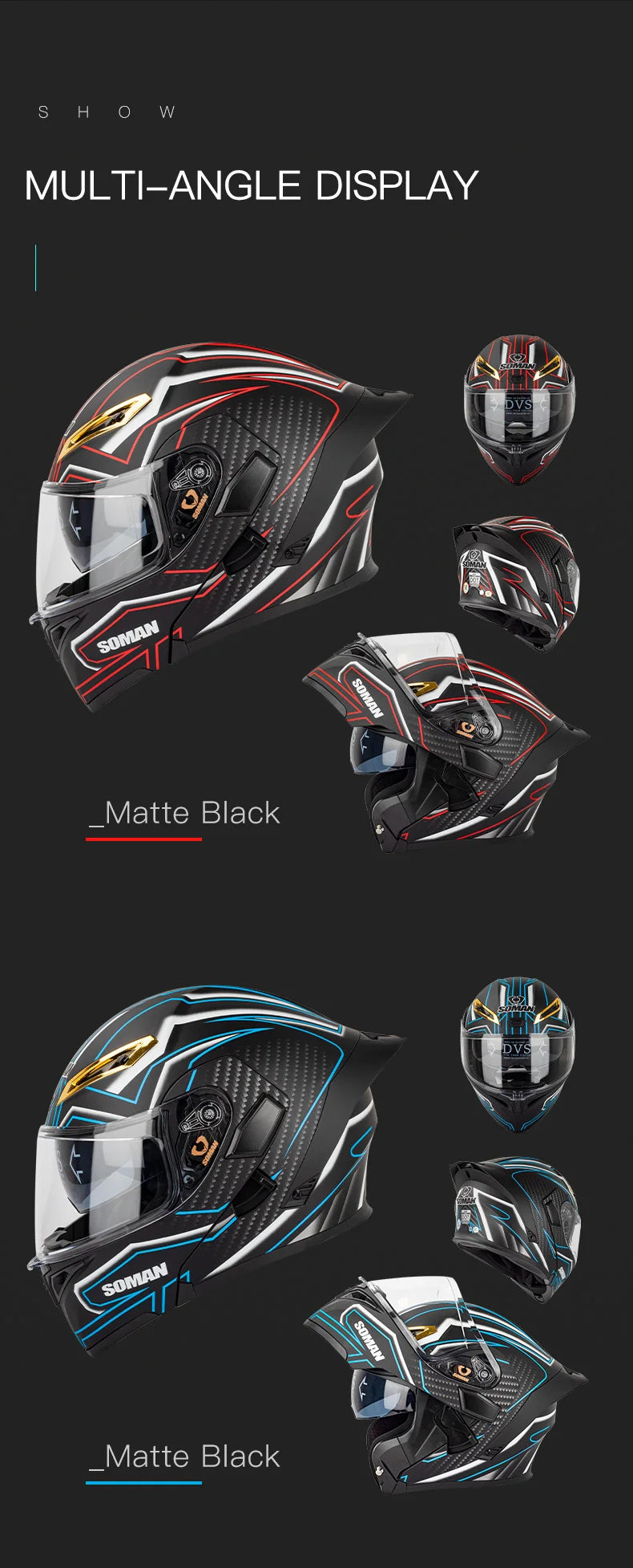 SOMAN Full Face Helmet Dual Lens Flip Up Motorcycle Helmets Casco Accessories Men Women Casque Moto Racing DOT Approved Visor