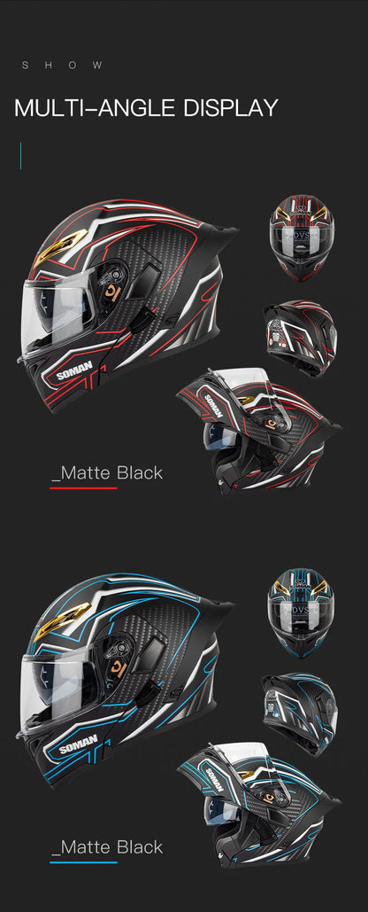 SOMAN Full Face Helmet Dual Lens Flip Up Motorcycle Helmets Casco Accessories Men Women Casque Moto Racing DOT Approved Visor