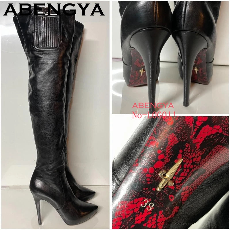 2025 Autumn Winter Fashion Pointy Toe Thin High Heels Long Boots Women Suede Leather Knee-High Boot Sexy Slim Knight Botas Mujer