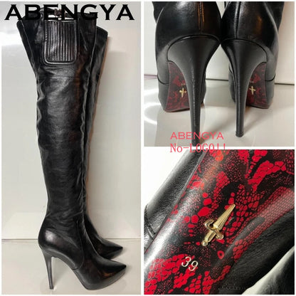 2025 Autumn Winter Fashion Pointy Toe Thin High Heels Long Boots Women Suede Leather Knee-High Boot Sexy Slim Knight Botas Mujer