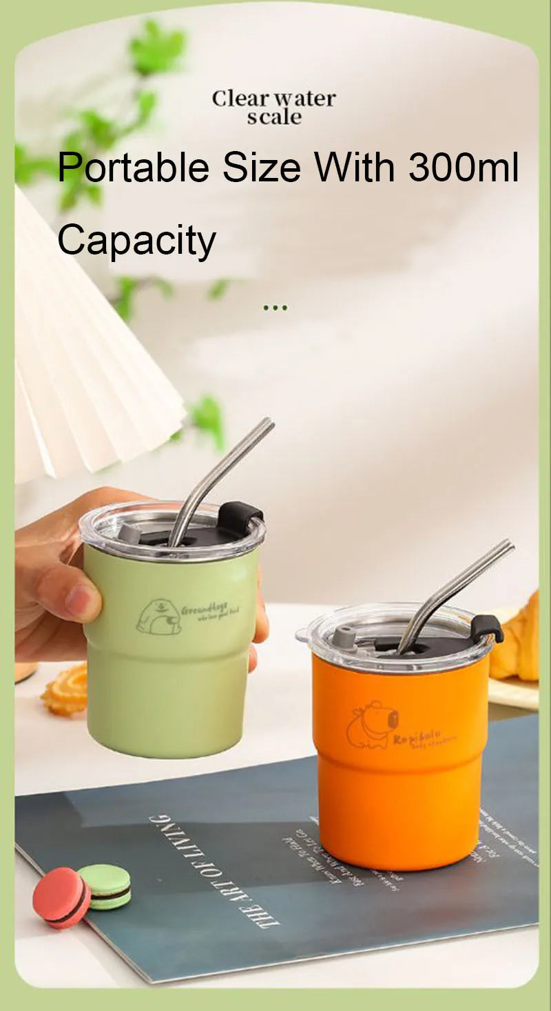 300ml Drinking Cup With Straw Portable Stainless Steel Coffee Cups Mug With Lid Heat Resistant Tea Cup Tumbler Travel Mug
