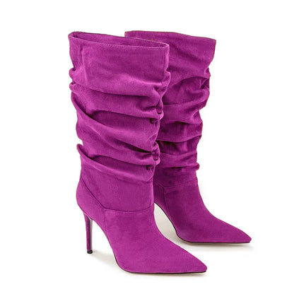2025Women's Autumn and Winter New Pleated High-heeled Short Boots with Pointed Sleeves, Women's 35-47 Large Mid Length Boots