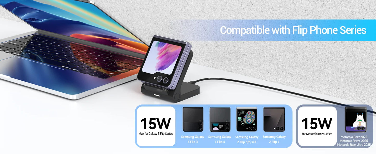 Wireless Charger for Samsung Galaxy Z Flip, 15W Fast Wireless Charging Stand, Compatible with Z Flip 7/6/5/4, for Motorola Razr/Razr+/Razr Ultra 2025, Non-Fold