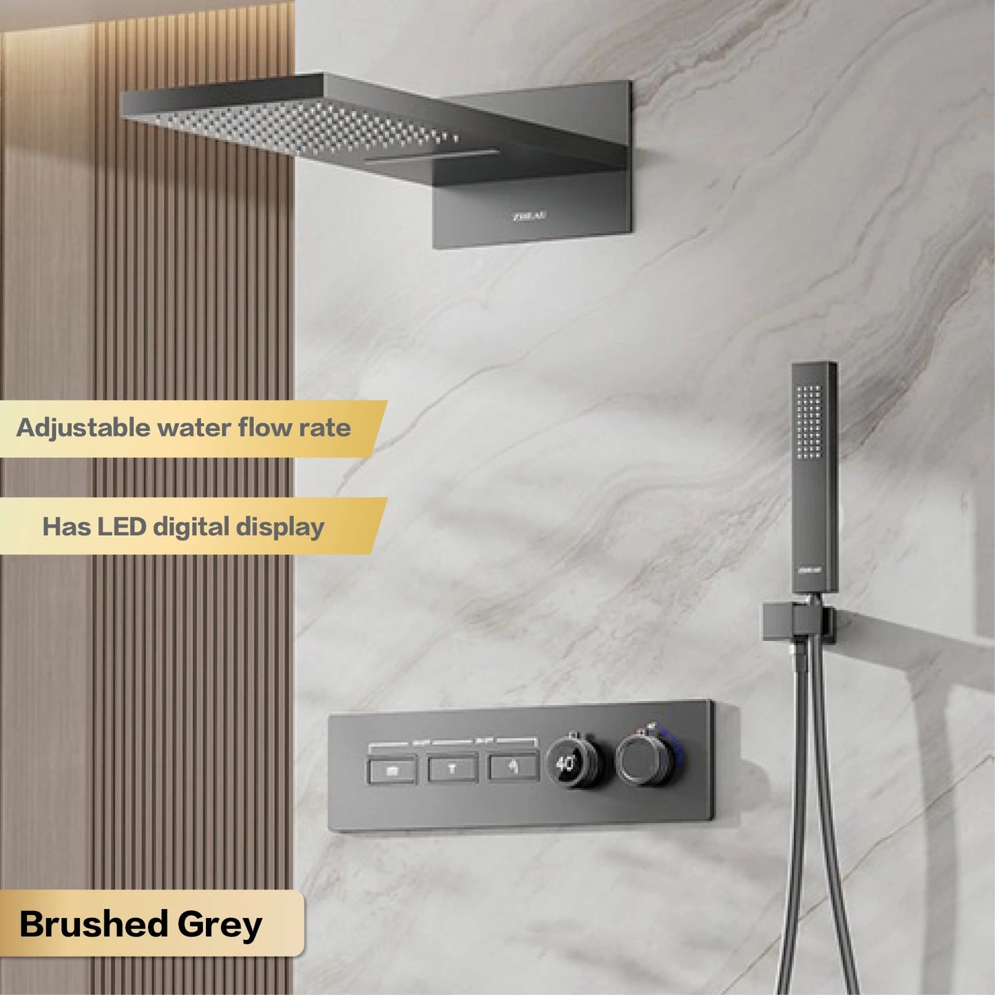 Luxury brass gun gray wall mounted shower system, wall mounted design with constant temperature LED digital display bathroom Tap