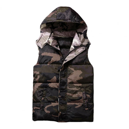 Winter Men Waistcoat Camouflage Thickened Cotton Padded Windproof Zipper Hooded Vest Coat for Daily Wear