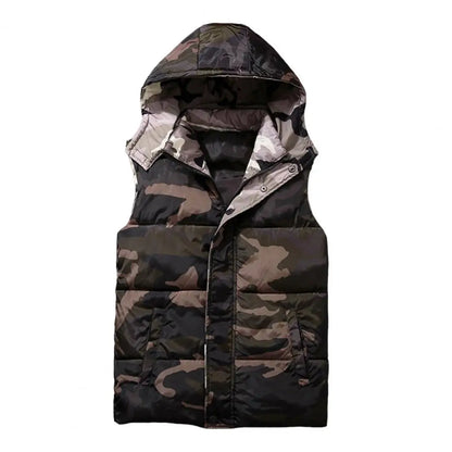 Winter Men Waistcoat Camouflage Thickened Cotton Padded Windproof Zipper Hooded Vest Coat for Daily Wear