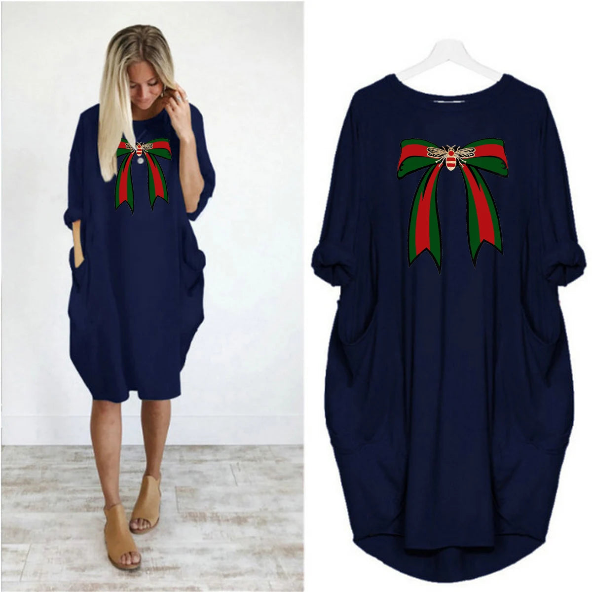 Ladies' summer loose bee bow pattern printed round neck short sleeved pocket comfortable casual plus size dress