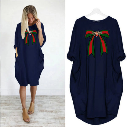 Ladies' summer loose bee bow pattern printed round neck short sleeved pocket comfortable casual plus size dress
