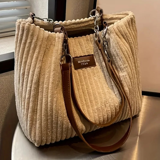Large Capacity Corduroy Tote Bag Chain Handbag Shoulder Bag for Women, Polyester Lining, Zip Closure, Black, Beige, Khaki, Green
