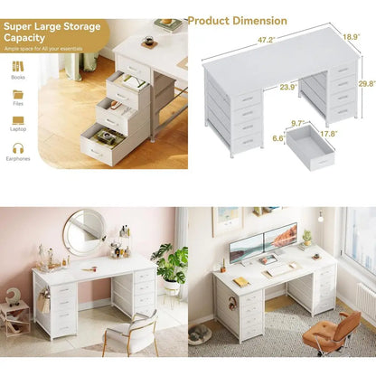 48 White Desk with 8 Fabric Drawers - Modern Storage Desk for Home Office, Study, Gaming