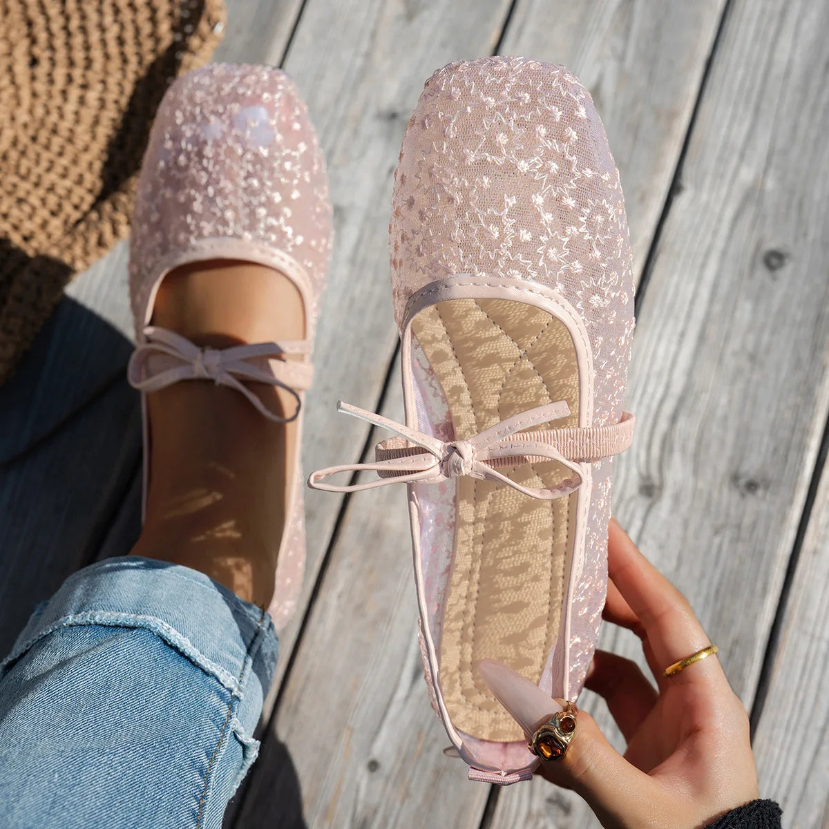 Plus Size 43 Women Fashion Ballet Flats Breathable Laces Square Toe Spring Summer Flat Shoes For Female Daily Walking Loafers