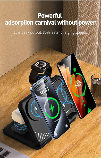 4 in 1 Dual Phone Wireless Charger Stand Magnetic Fast Charging For iPhone 17~12 Samsung S25 Xiaomi Airpods Pro Apple Watch 11~2