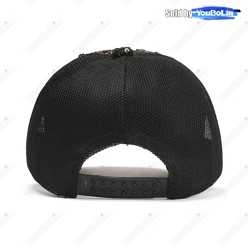 Summer Shiny Sequin Back Mesh Adjustable Cotton Baseball Cap Sun Hat