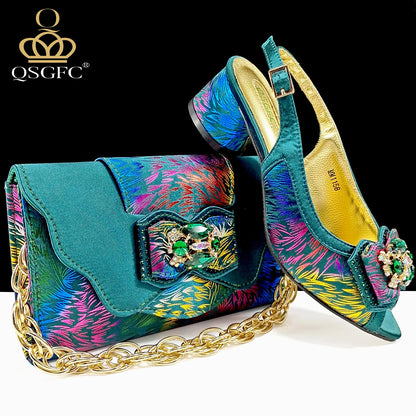 QSGFC New Design Nigerian Style Women Heels Shoes And Elegant Bag Set Color Matching Handbag Wedding Party Women Shoes