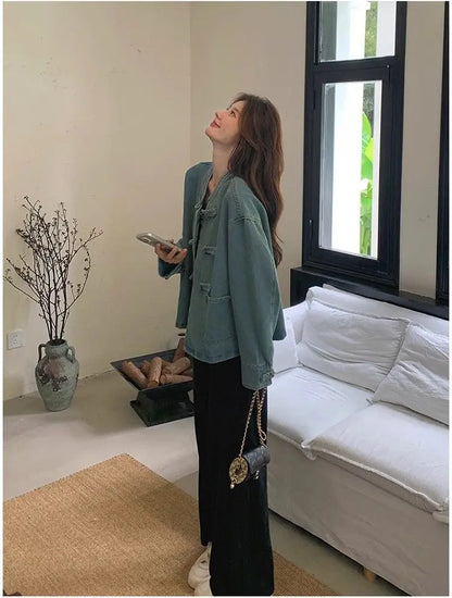 Women Clothing Autumn Fashion Simplicity All-match Temperament Button Solid Color O-neck Female Chinese Style Denim Jacket Tops