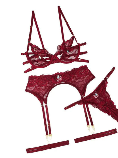 Sexy Bodysuit Sets Elegant Newest Product Diamond Decoration Grain Sexy Lace Hollow Out Design Underwear Set With Steel Rim UBNS