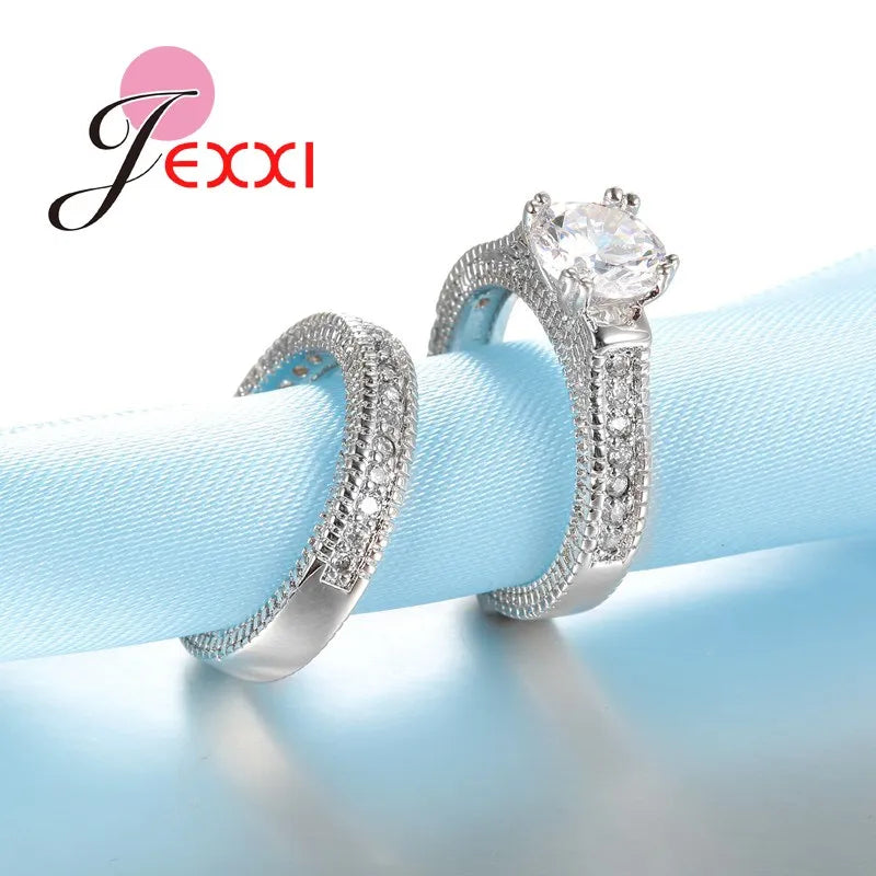 Genuine 925 Sterling Silver Ring Sets 2 PCS Bijoux Full African AAA Crystal Heart Stone Rings Romantic Wedding Best Chioce