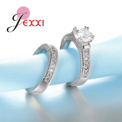 Genuine 925 Sterling Silver Ring Sets 2 PCS Bijoux Full African AAA Crystal Heart Stone Rings Romantic Wedding Best Chioce