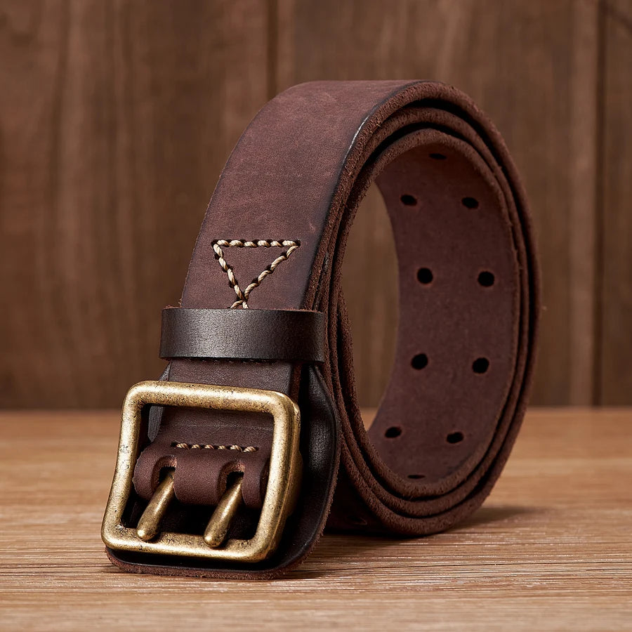 3.8CM Original Handmade Double-needle Buckle Men Belt Washed Water Made Old Macho Jeans Belt Genuine Leather Army Tactical Belt