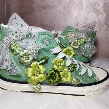 High-top Canvas Shoes for Women Green Bow Embroidery Flower Candy Color Canvas Handmade Fashion Casual Shoe Big Size 43 44