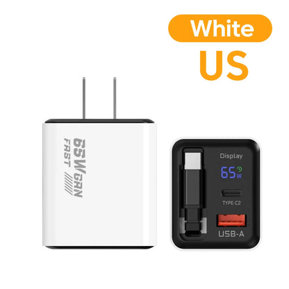 65W USB C GaN Charger Wall Charger Power Adapter Digital Display With Retractable Type C Cable For iPhone 17 16 Samsung Xiaomi